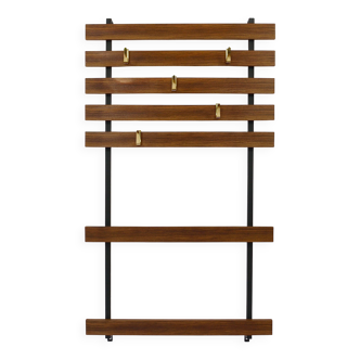 Wall coat rack by Carl Aubock with 5 brass hooks, walnut, iron, Austria, 1950s.