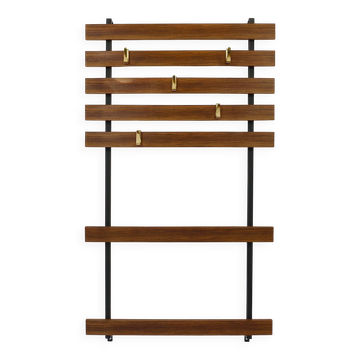 Wall coat rack by Carl Aubock with 5 brass hooks, walnut, iron, Austria, 1950s.