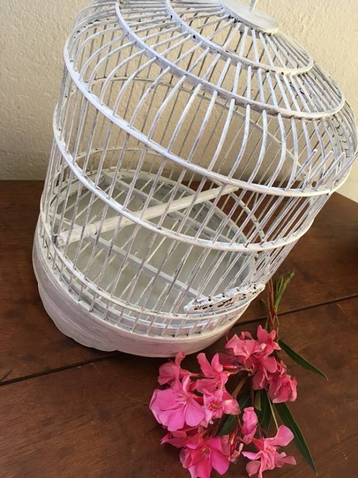 White painted rattan bird cage