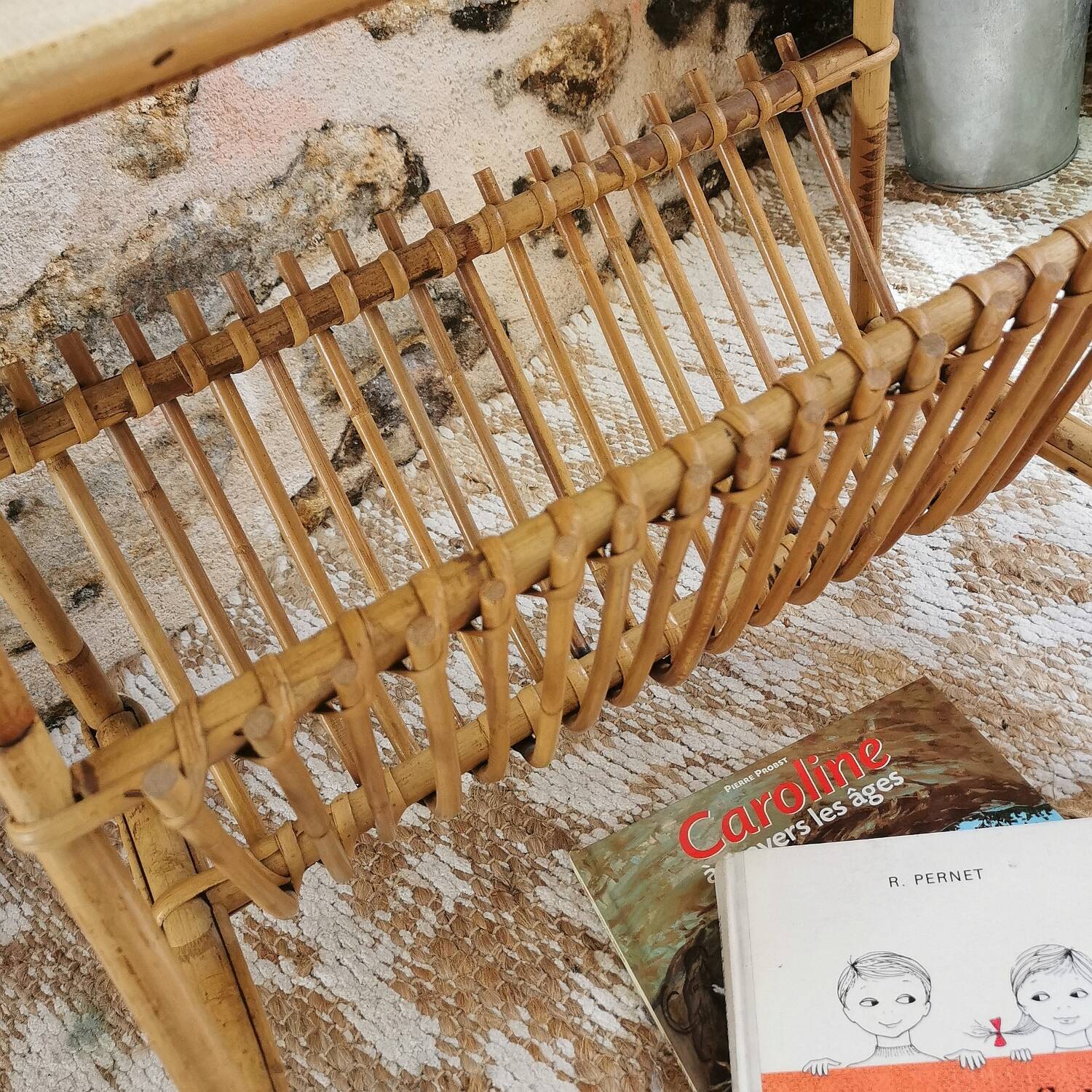 Rattan magazine rack, vintage side table