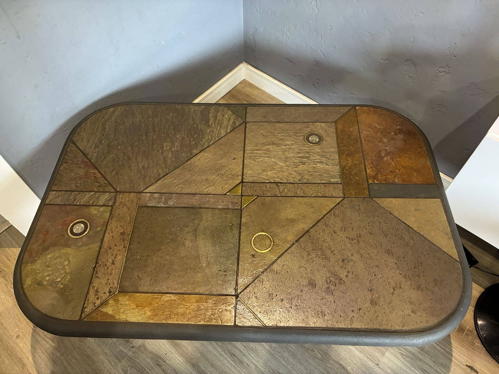 Paul Kingma brutalist coffee table, stone and brass, 1980s