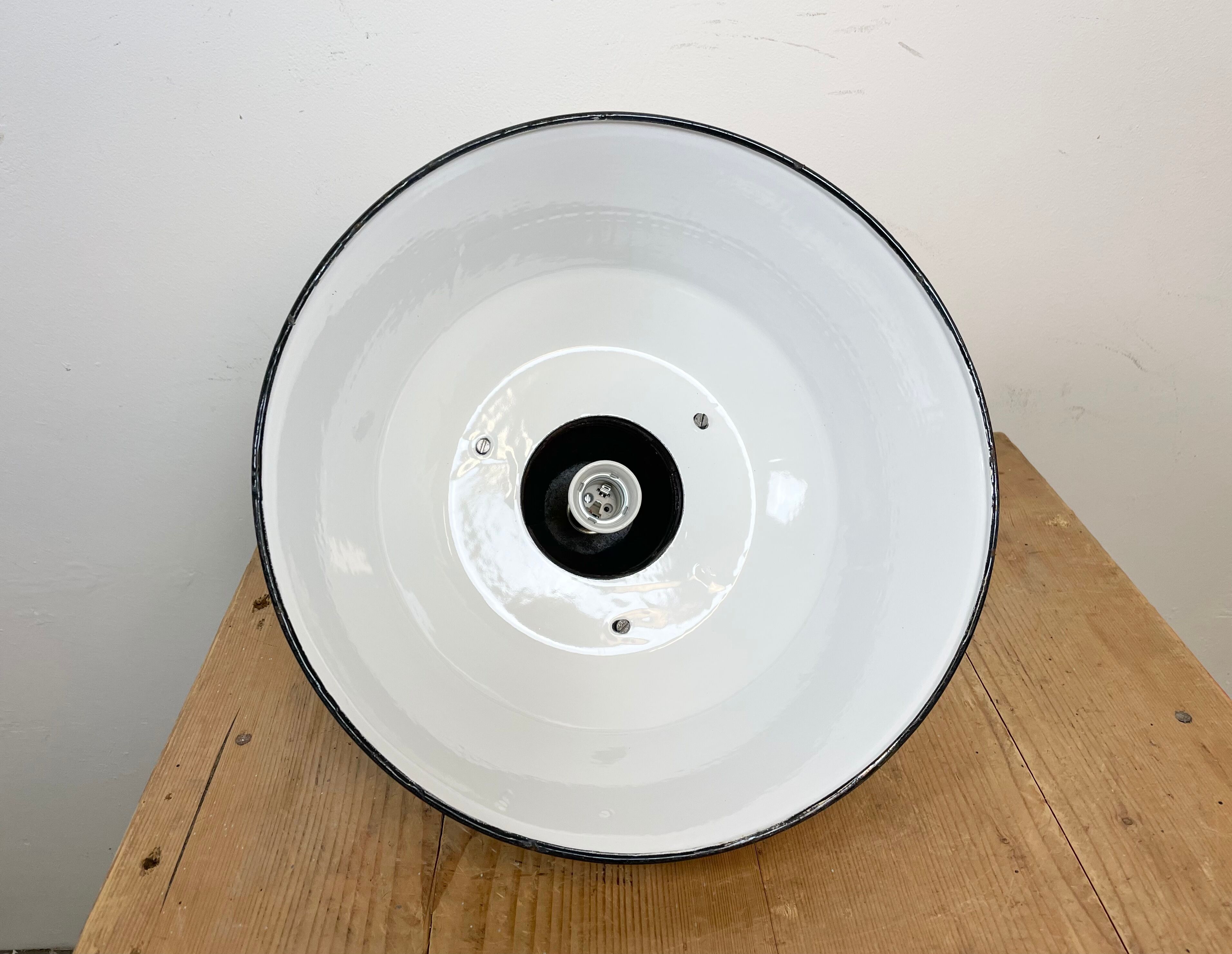 White Enamel and Cast Iron Industrial Pendant Light, 1960s