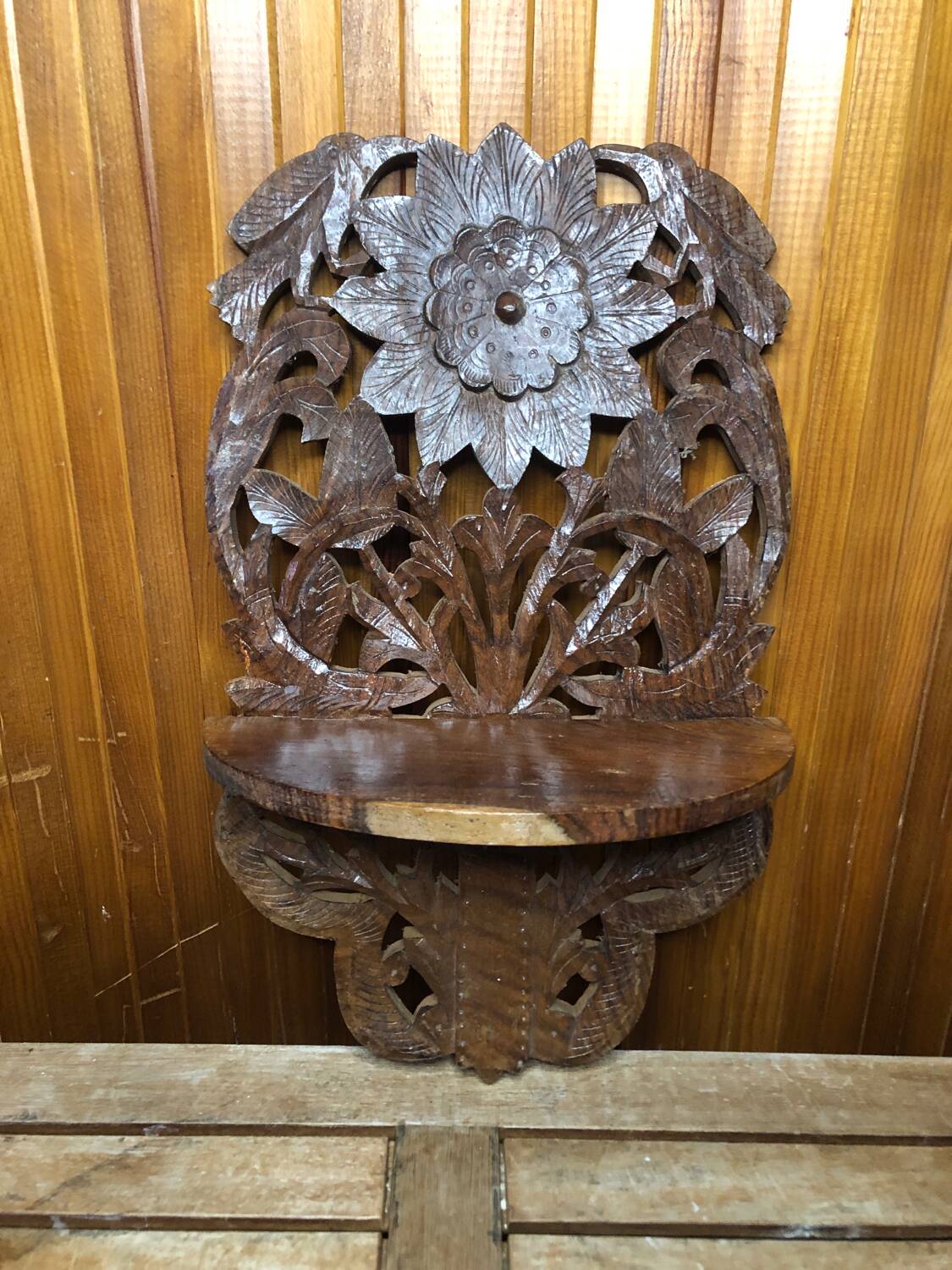 Carved wood shelf vintage birds & flowers decor