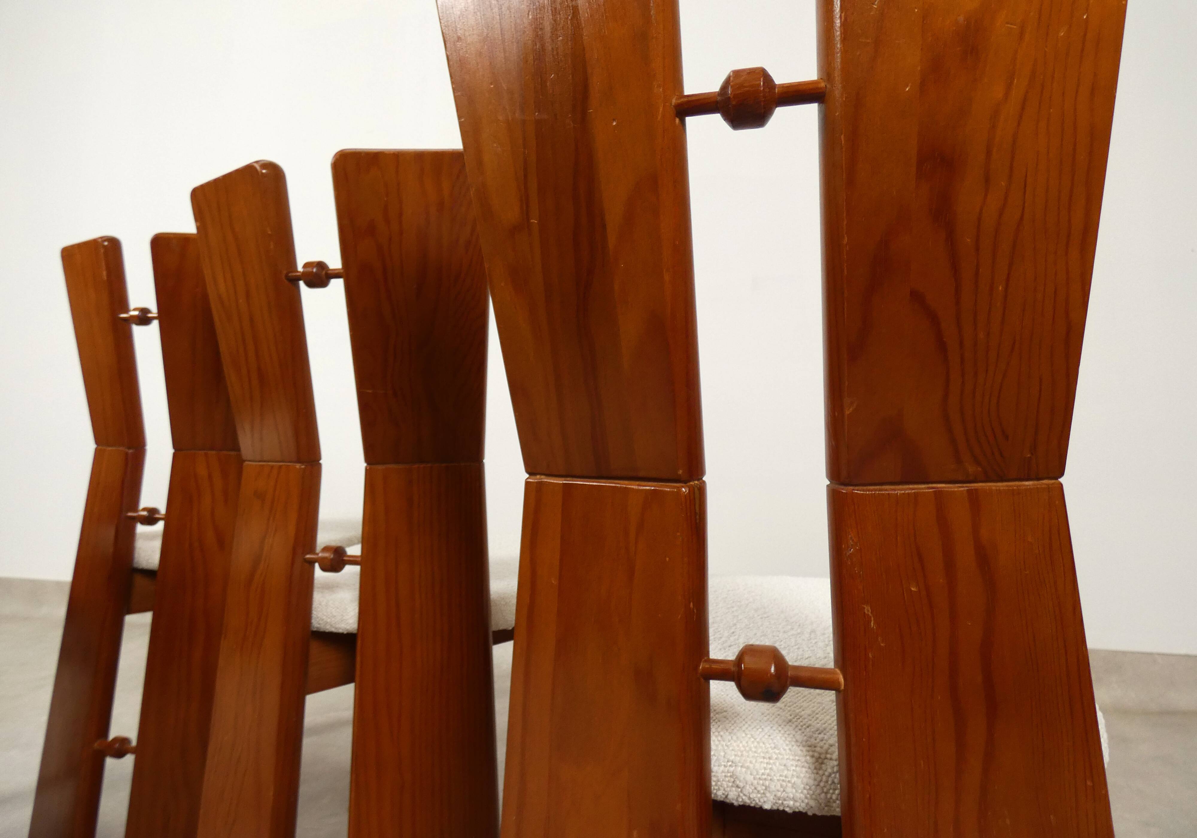 70's brutalist dining chairs in oak with bouclé fabric