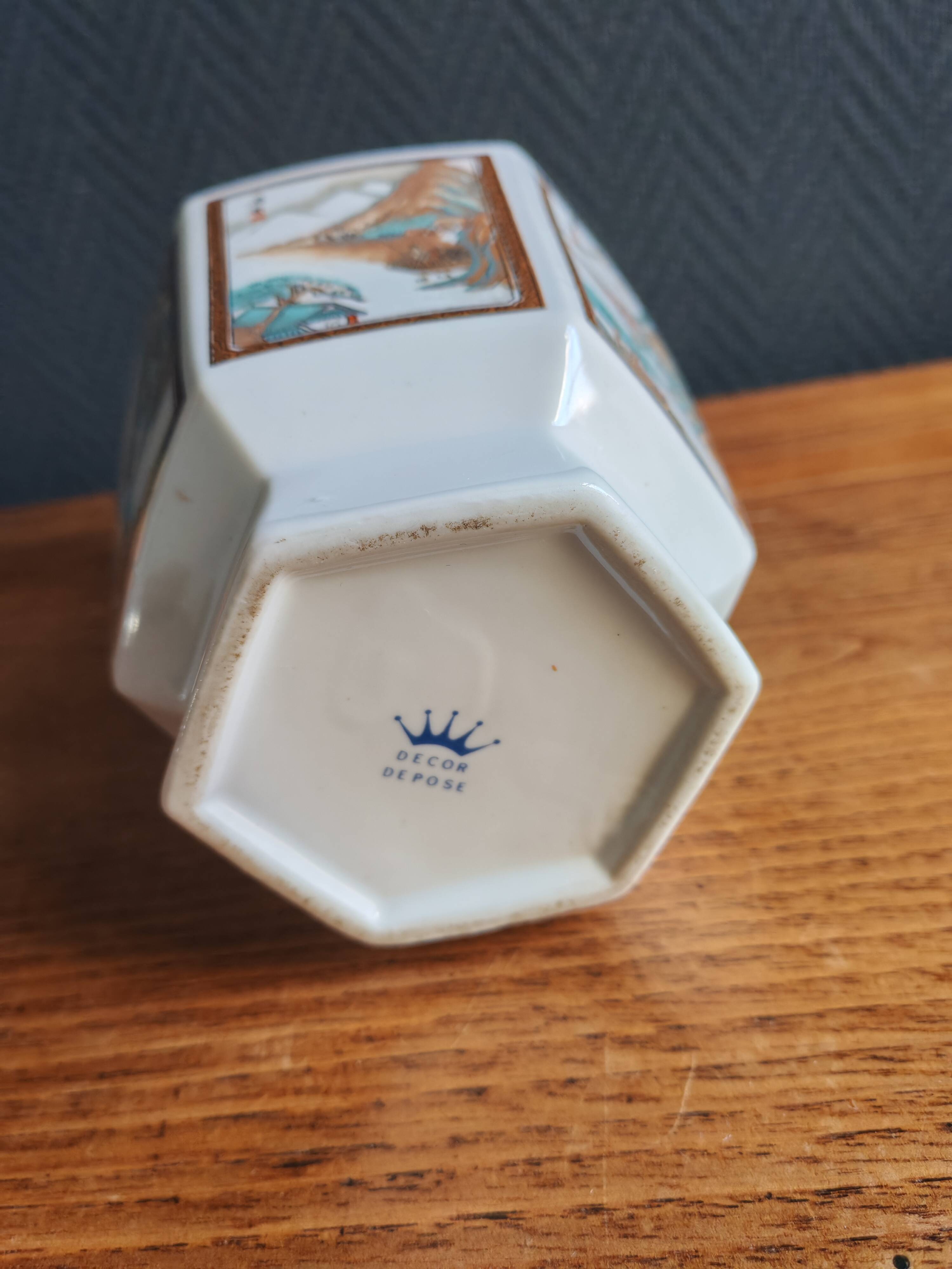 Vintage Hexagonal Japanese Porcelain Vase – Landscape Decoration