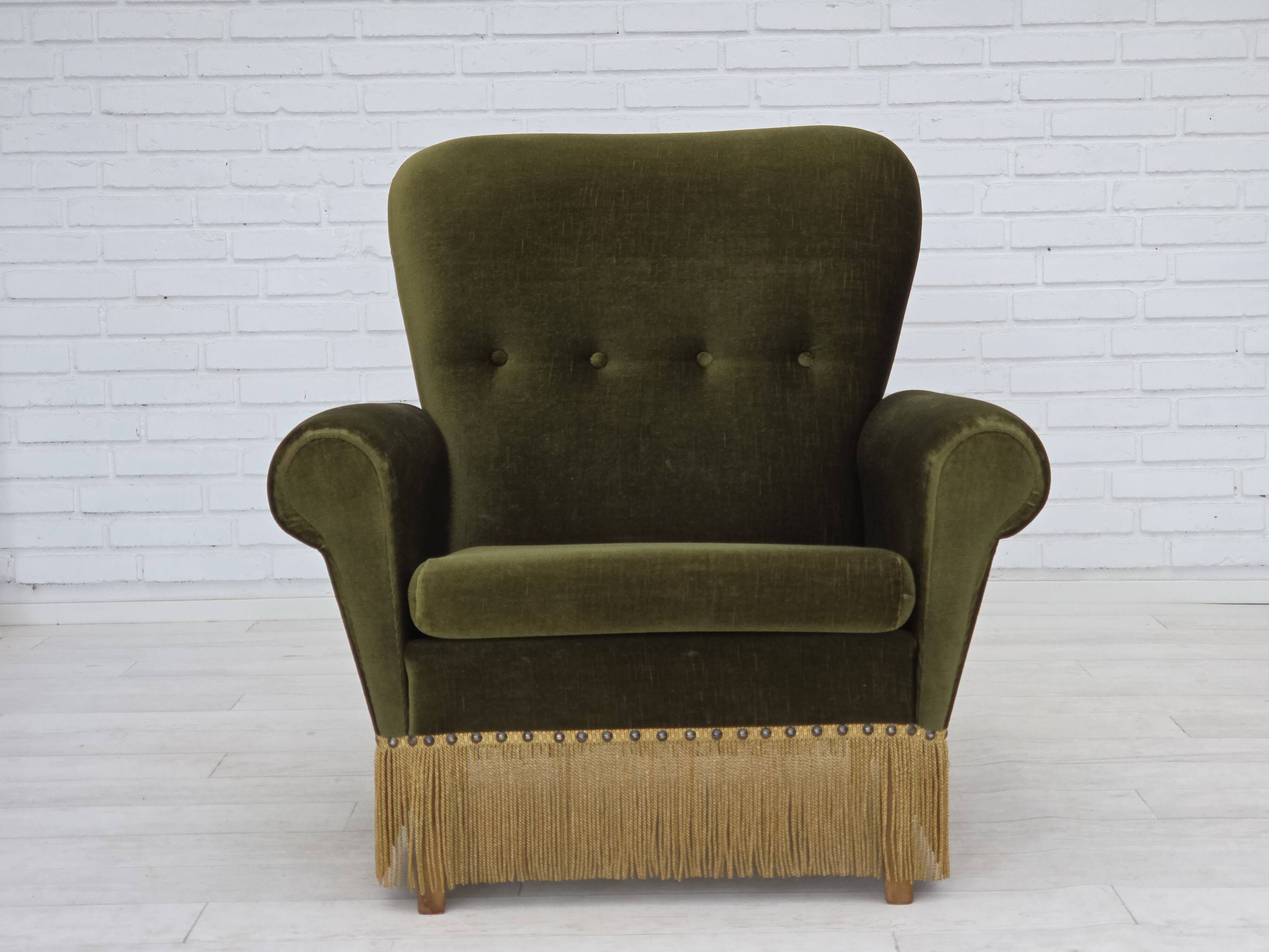 1970s, Danish lounge chair, high, furniture velour, ash wood legs.