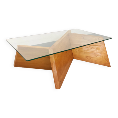 Table basse rectangulaire vintage en orme massif et verre des années 80