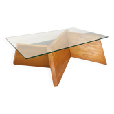 Table basse rectangulaire vintage en orme massif et verre des années 80