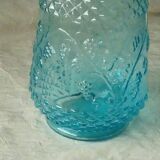 Glass carafe blue mold with diamond tip cluster of grapes decoration