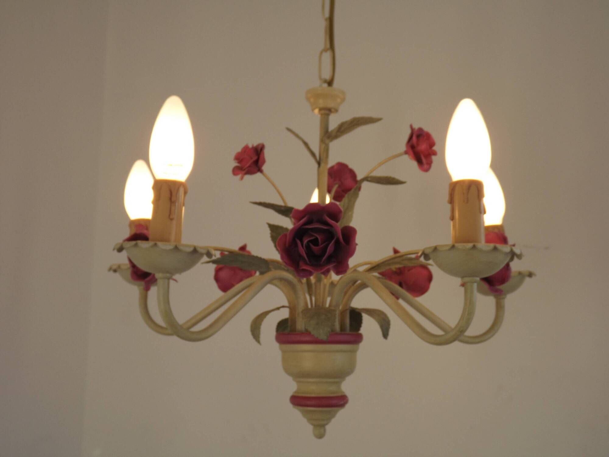 French vintage metal deep pink rose and green leaf 5-light chandelier