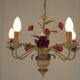 French vintage metal deep pink rose and green leaf 5-light chandelier