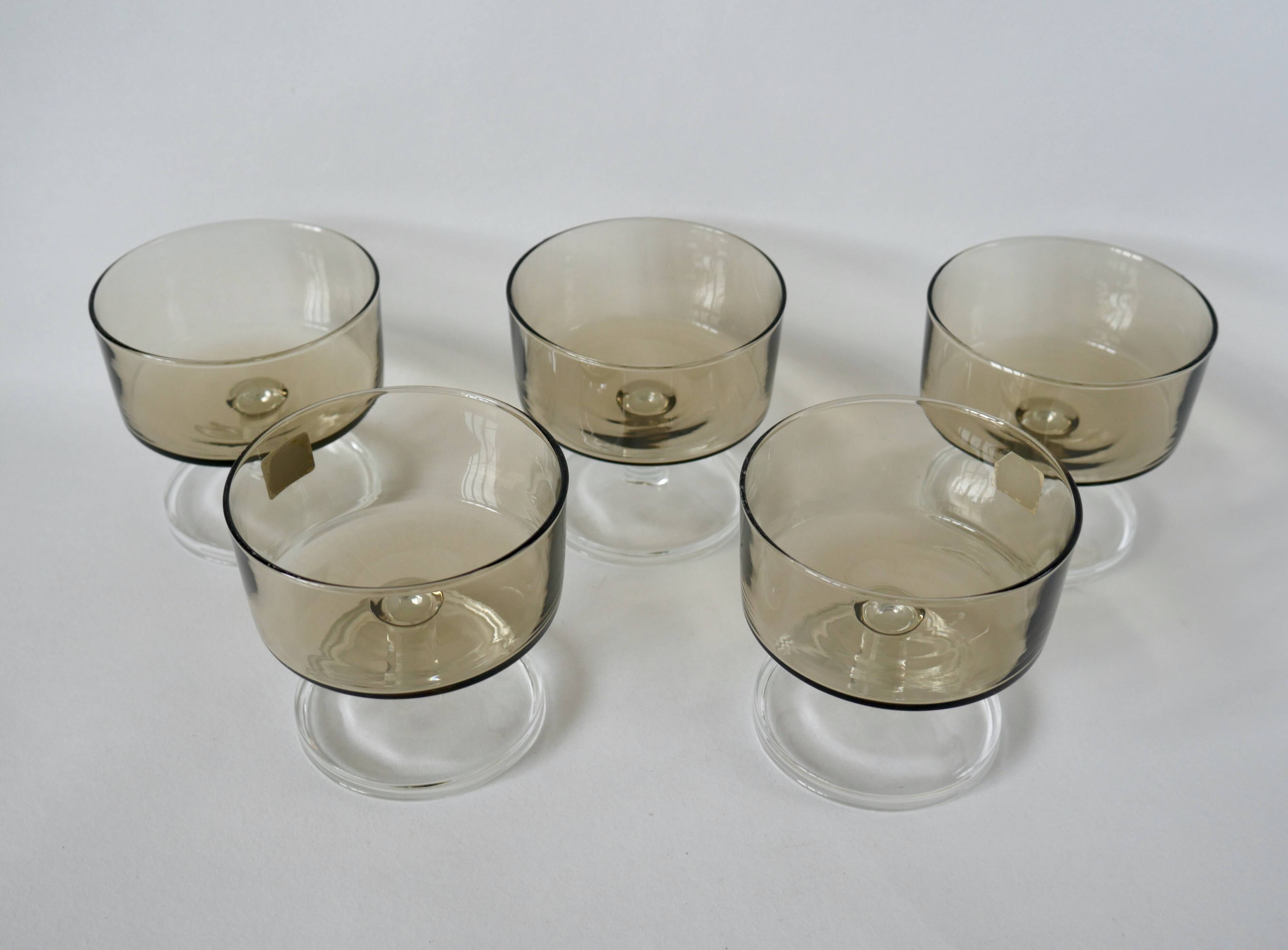 Set of 5 70s Luminarc smoked glass champagne glasses