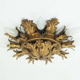 Plafonnier italien vintage lampe florentine feuilles en métal style régence hollywoodienne