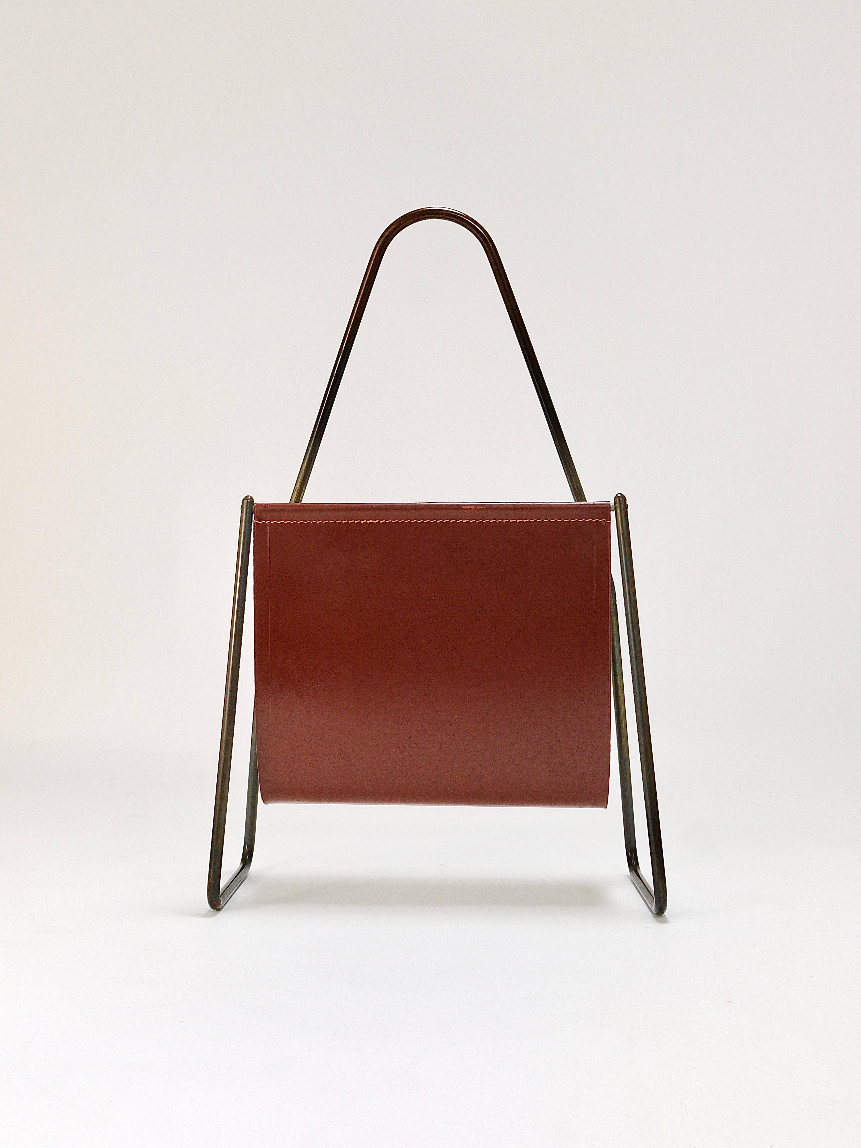 Carl Auböck II Magazine rack Midcentury, brass and brown leather, vintage, Austria