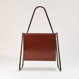 Carl Auböck II Magazine rack Midcentury, brass and brown leather, vintage, Austria