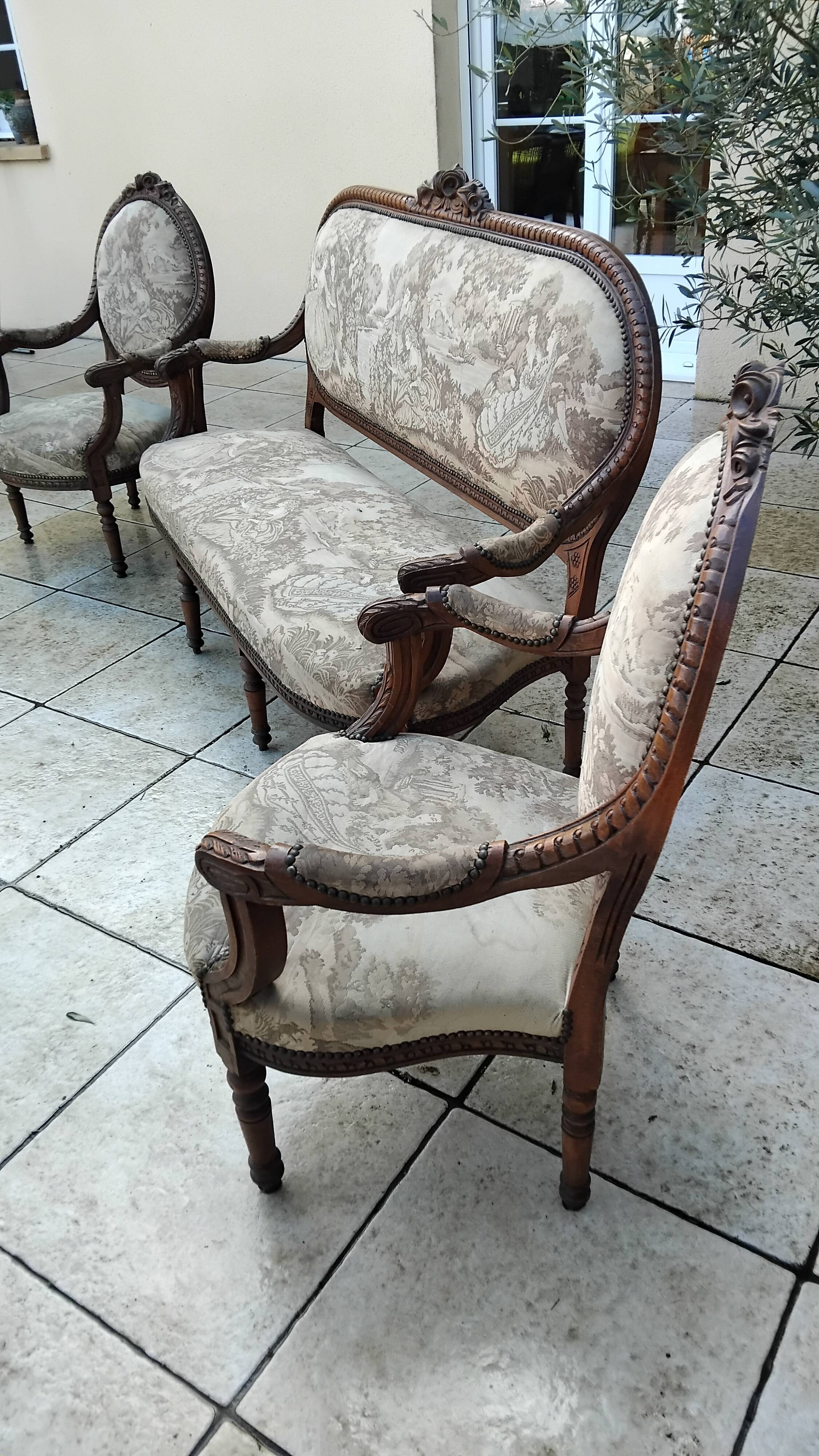 Louis XVI style antique sofa and armchair