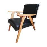 Fauteuil scandinave en skaï noir et bois