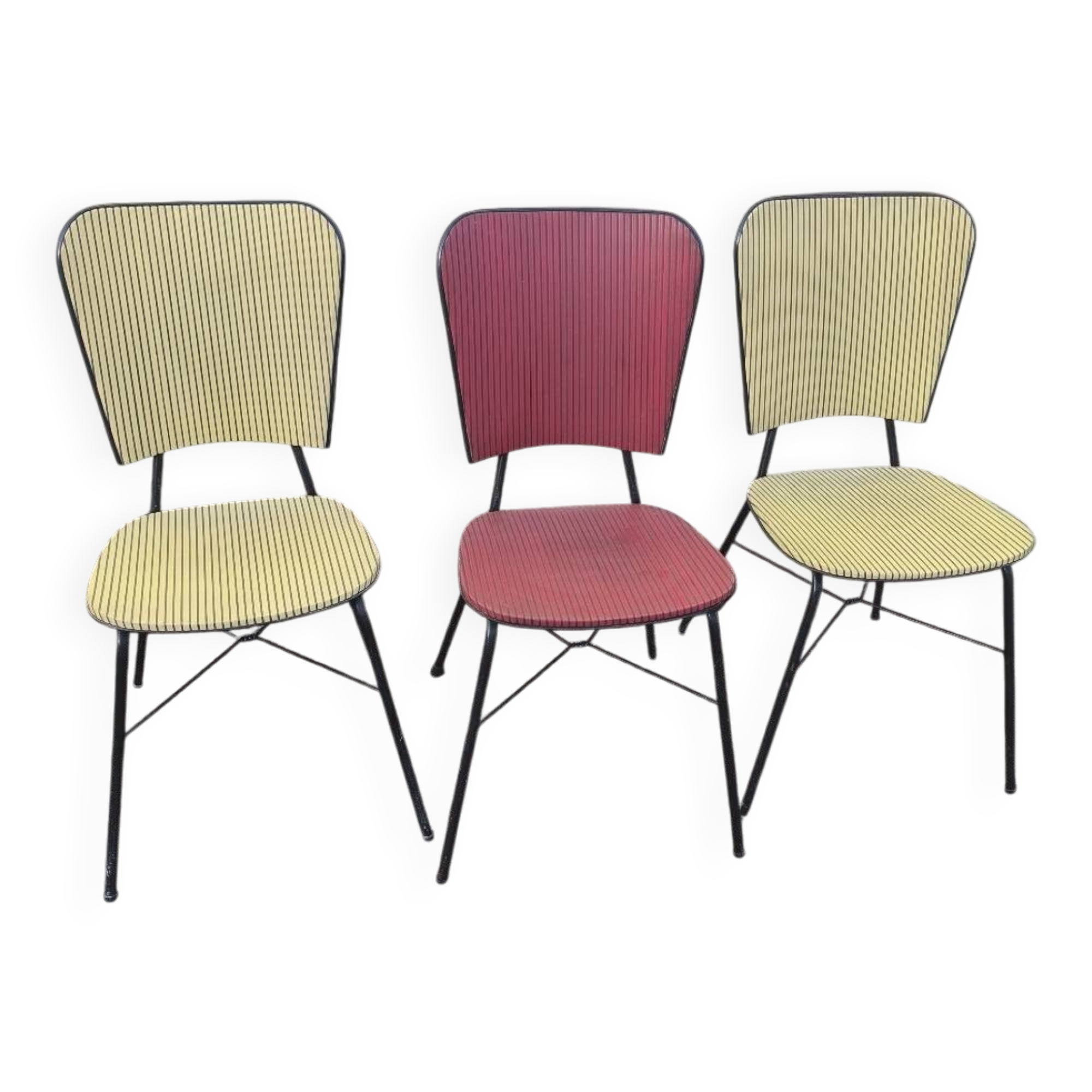 Set of 3 vintage yellow and red faux leather chairs.