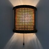 Pair of Vintage Rattan Cane Wall Sconces with Pull Chain