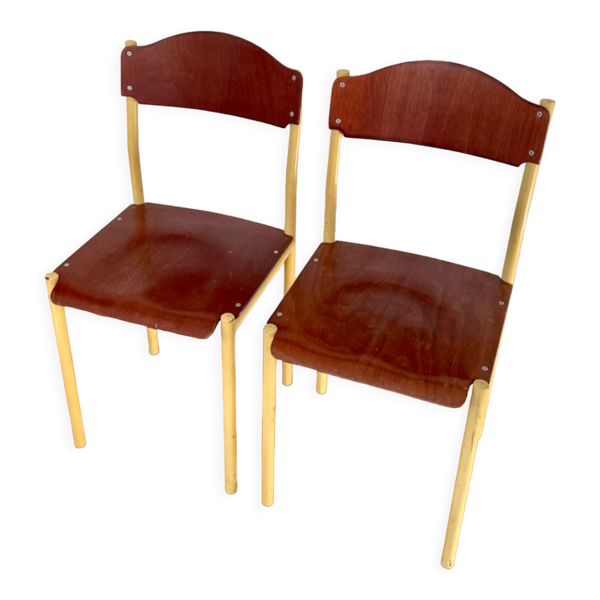 Paire de chaise vintage industrielles métal & bois, 1980