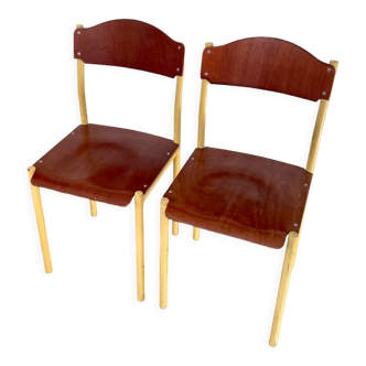 Paire de chaise vintage industrielles métal & bois, 1980