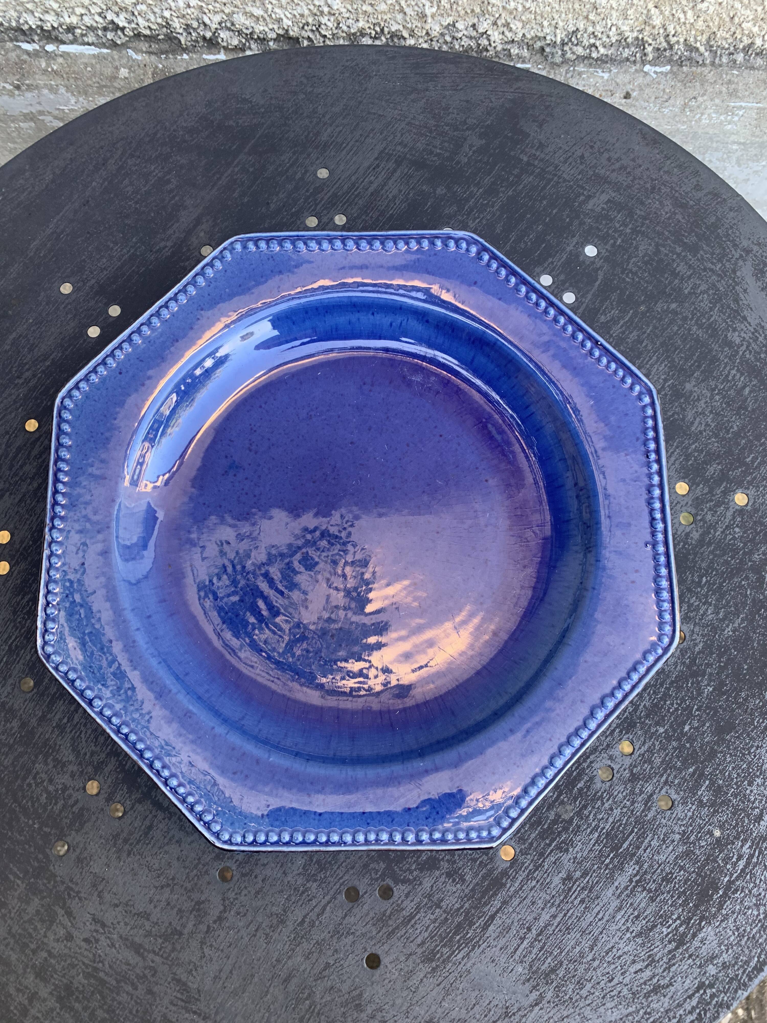 4 octagonal flat plates terre de Provence blue ceramic glazed vintage