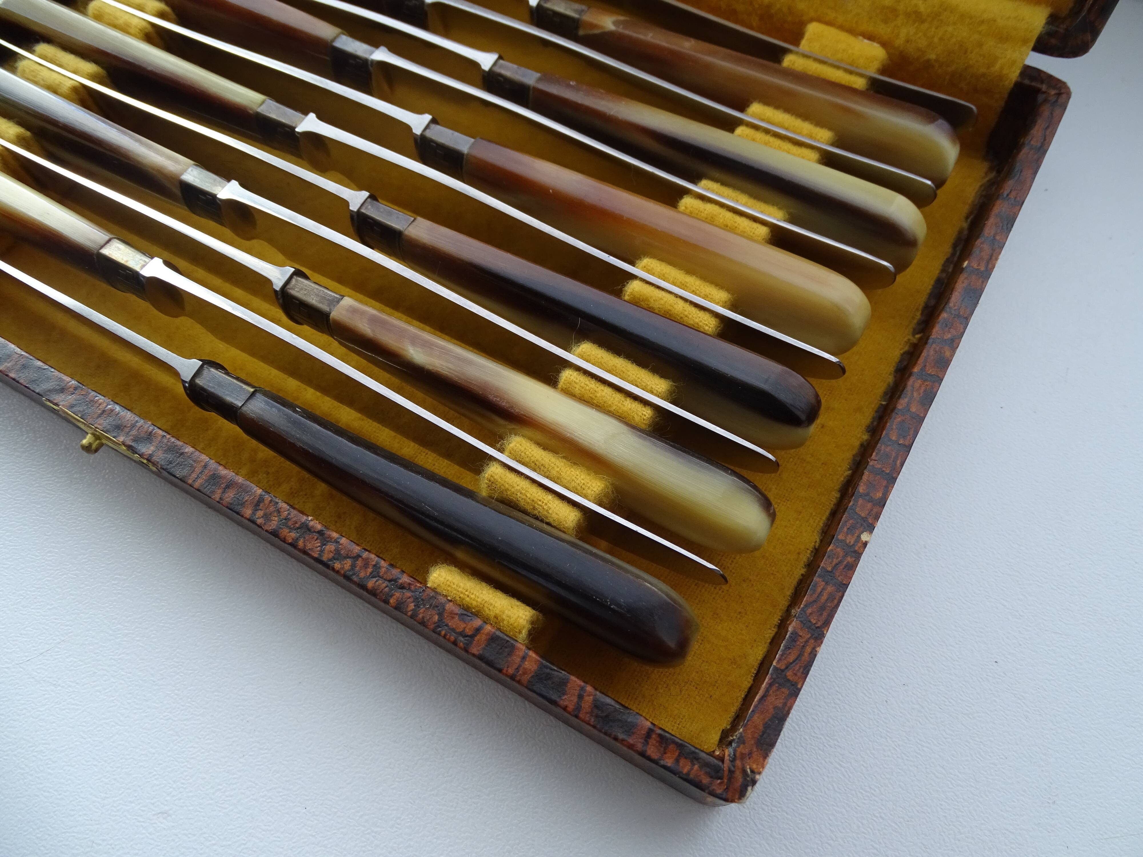 12 Art Deco cheese knives horn and stainless steel handles in case