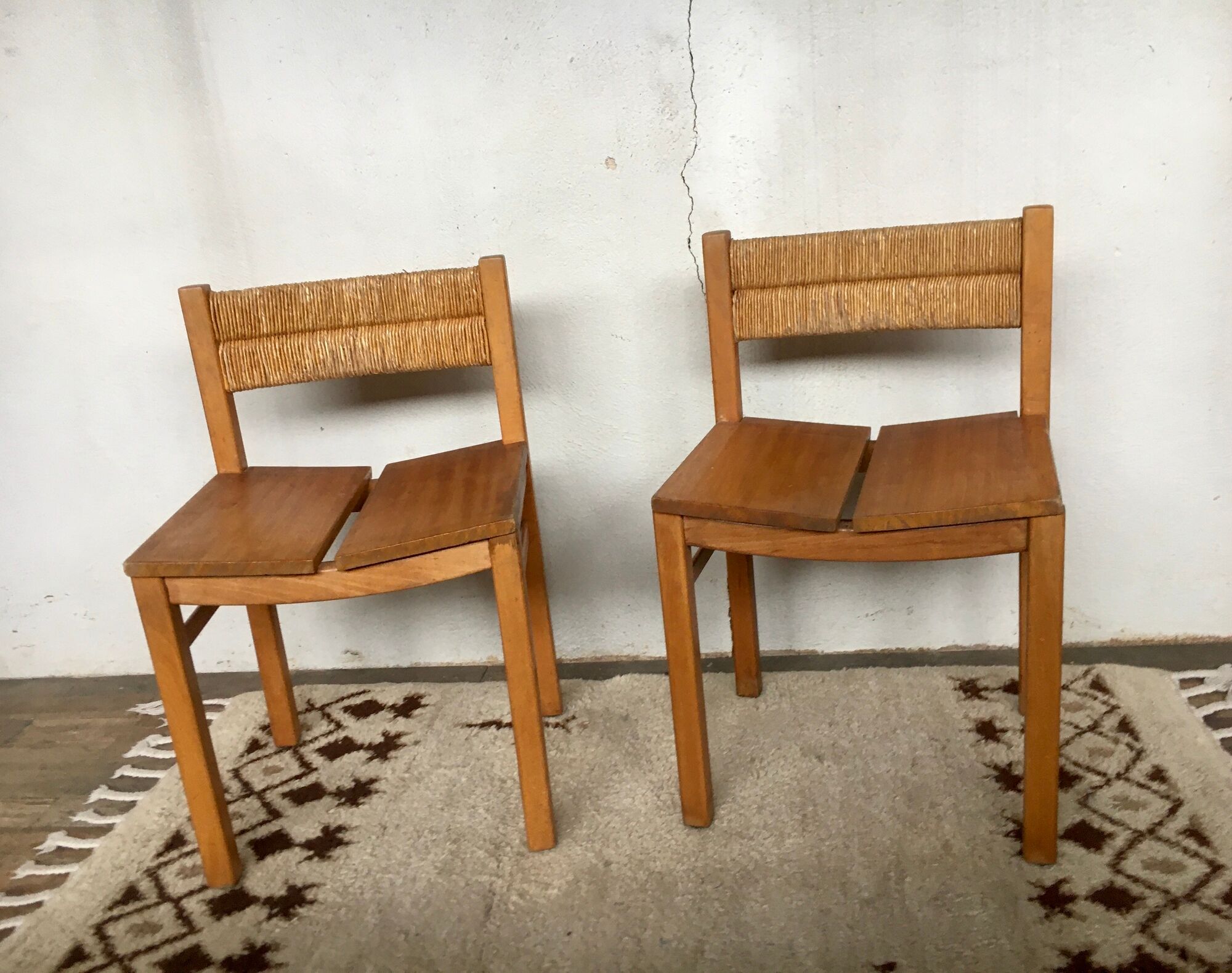 Pair of straw and elm chairs