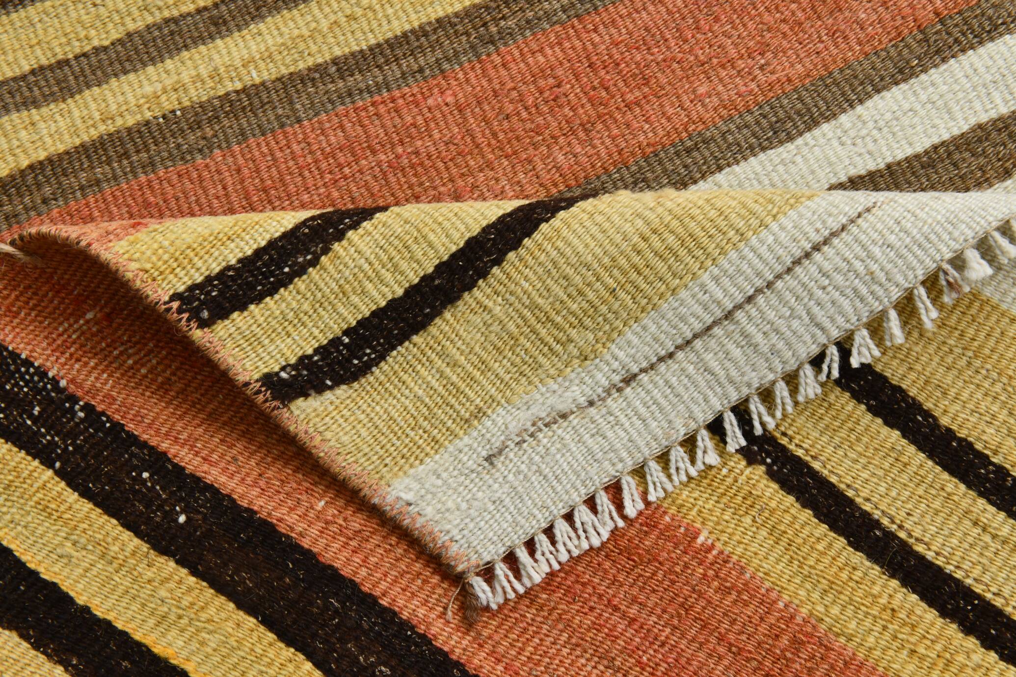 Tapis Kilim Vintage Rayé, Long Format aux Tons Chauds Boho, 65x366