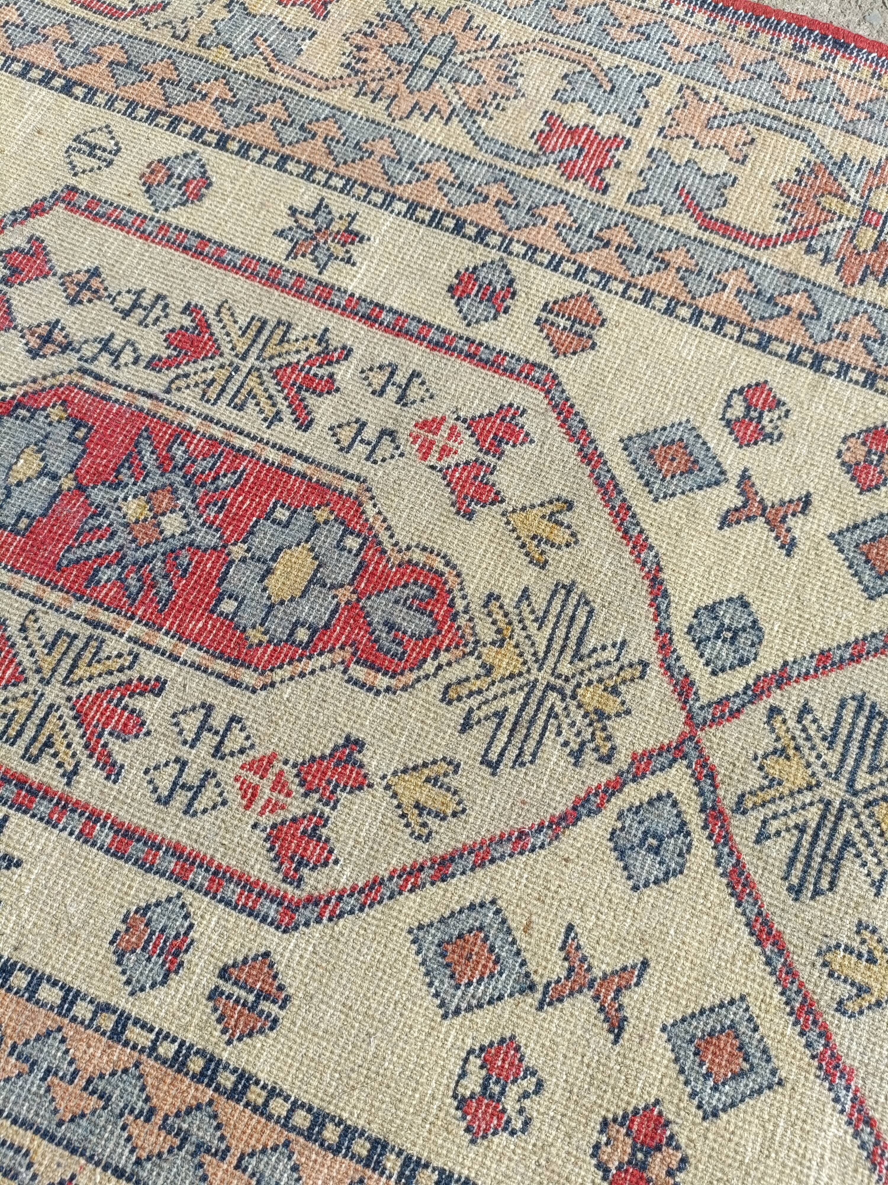 Handmade wool gallery carpet, geometric décor beige and red background, 3 m