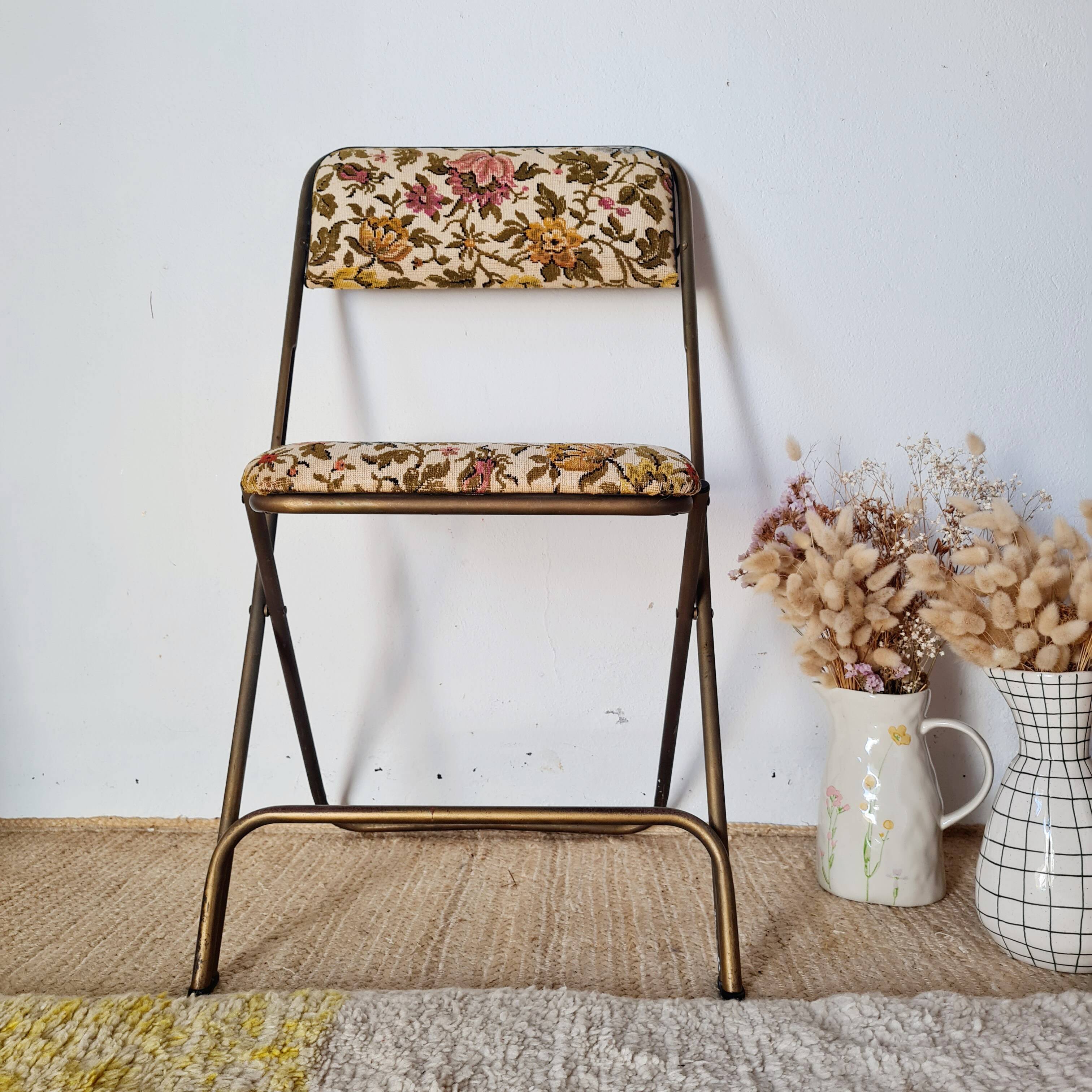 Chaise pliante vintage Lafuma modèle "Chantazur" à motif fleuri