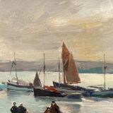 Huile sur carton par Paul Morchain scene de port en Bretagne XXe