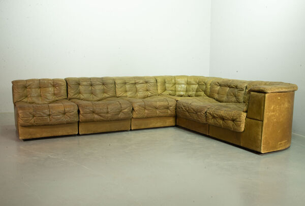 Canapé modulaire De Sede DS11 en cuir vert olive, 6 éléments. Années 1970.