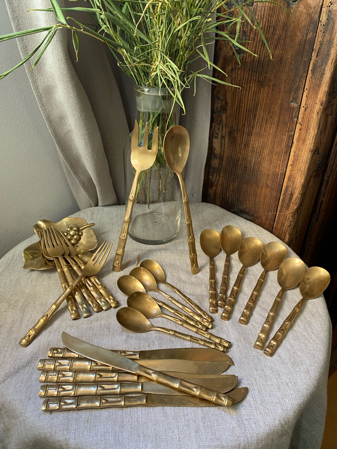 Nickel-plated bronze cutlery set, bamboo style