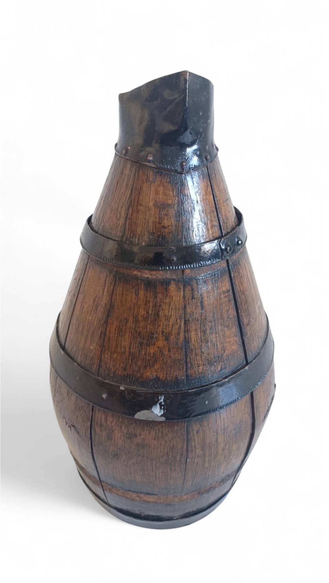19th Century Rustic French Oak and Metal Hand-Crafted Pitcher