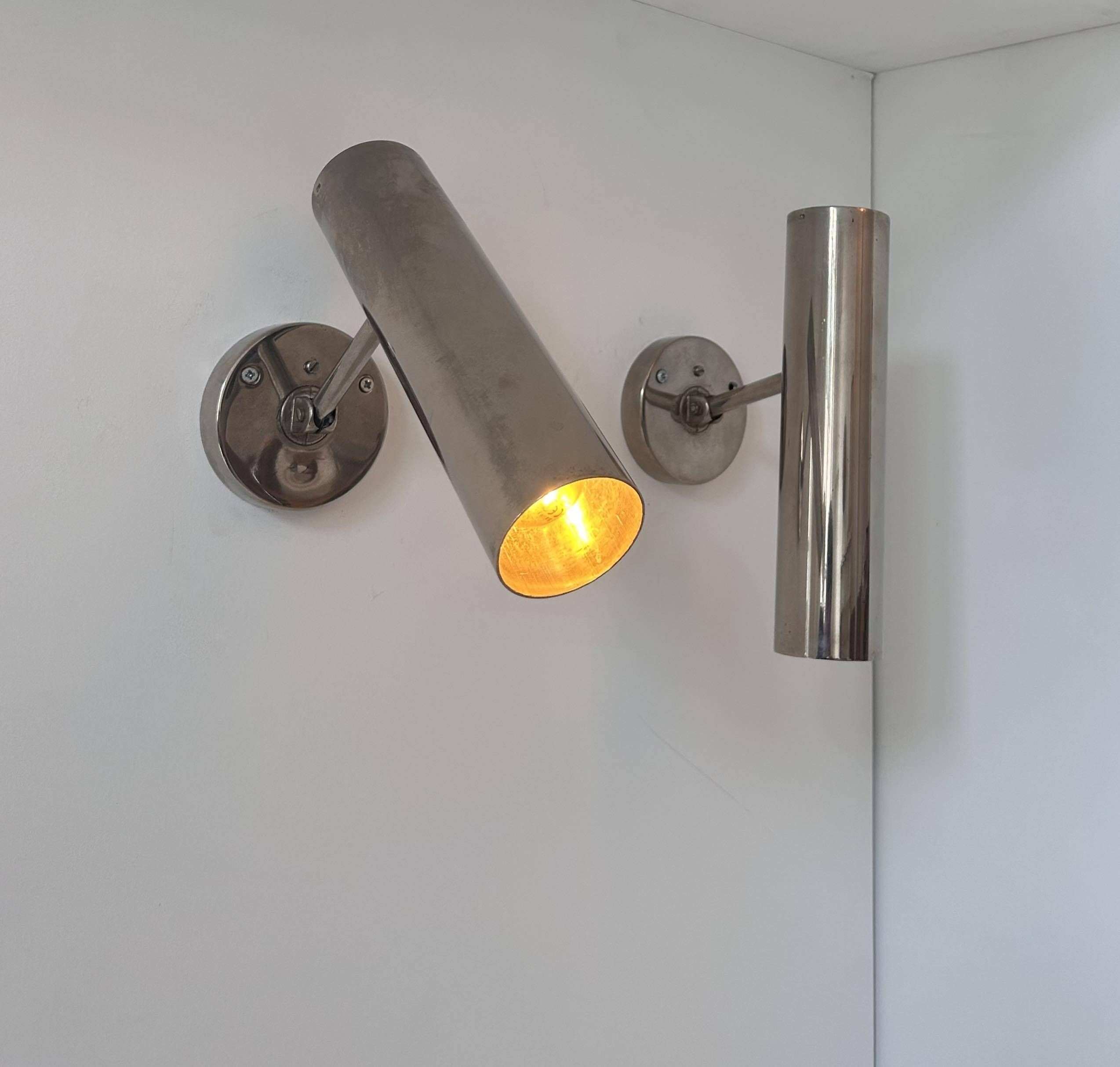 Pair of modernist adjustable wall lights, chrome metal, France 1960