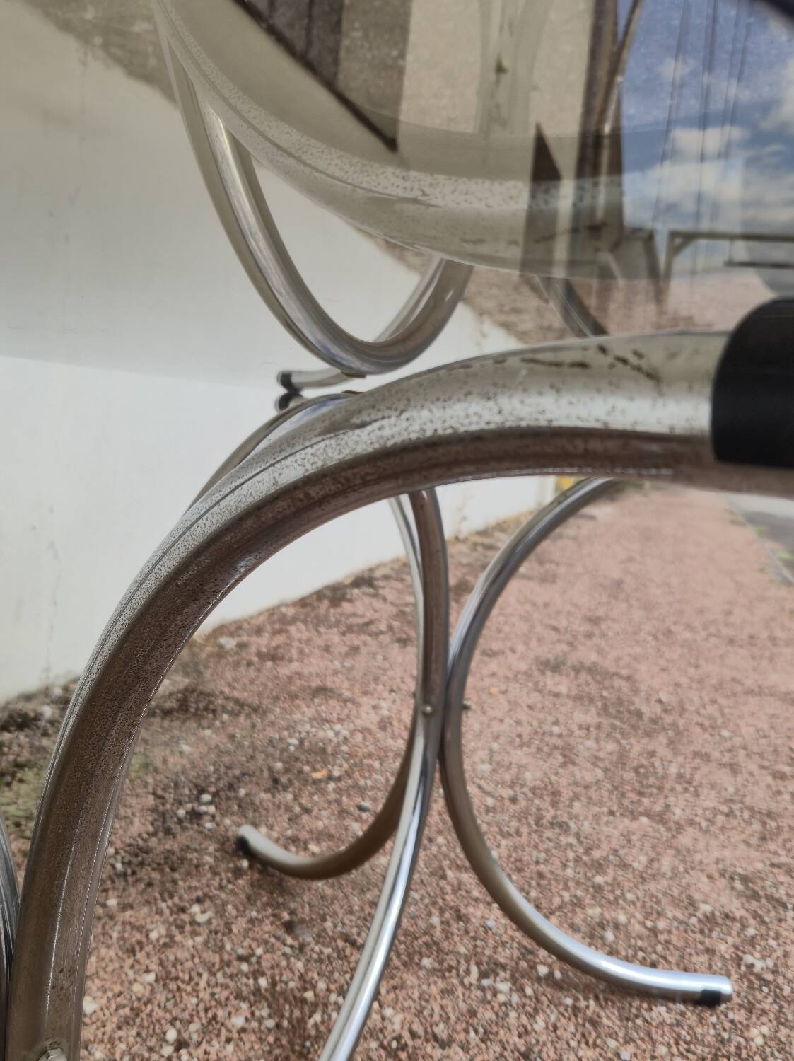 Vintage oval design table in smoked glass and chrome legs