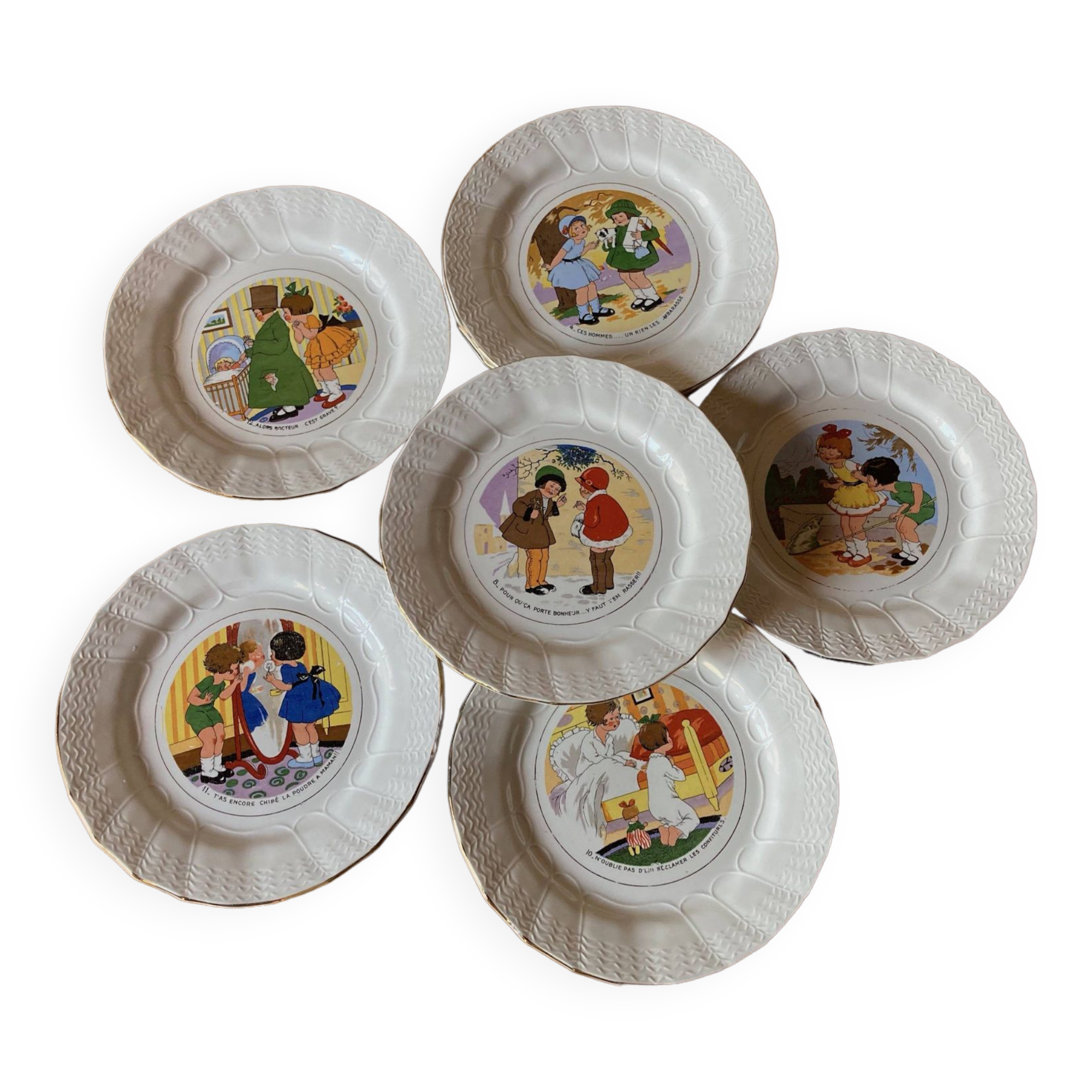 6 talking plates Digoin Sarreguemines "Enfants Bicot"