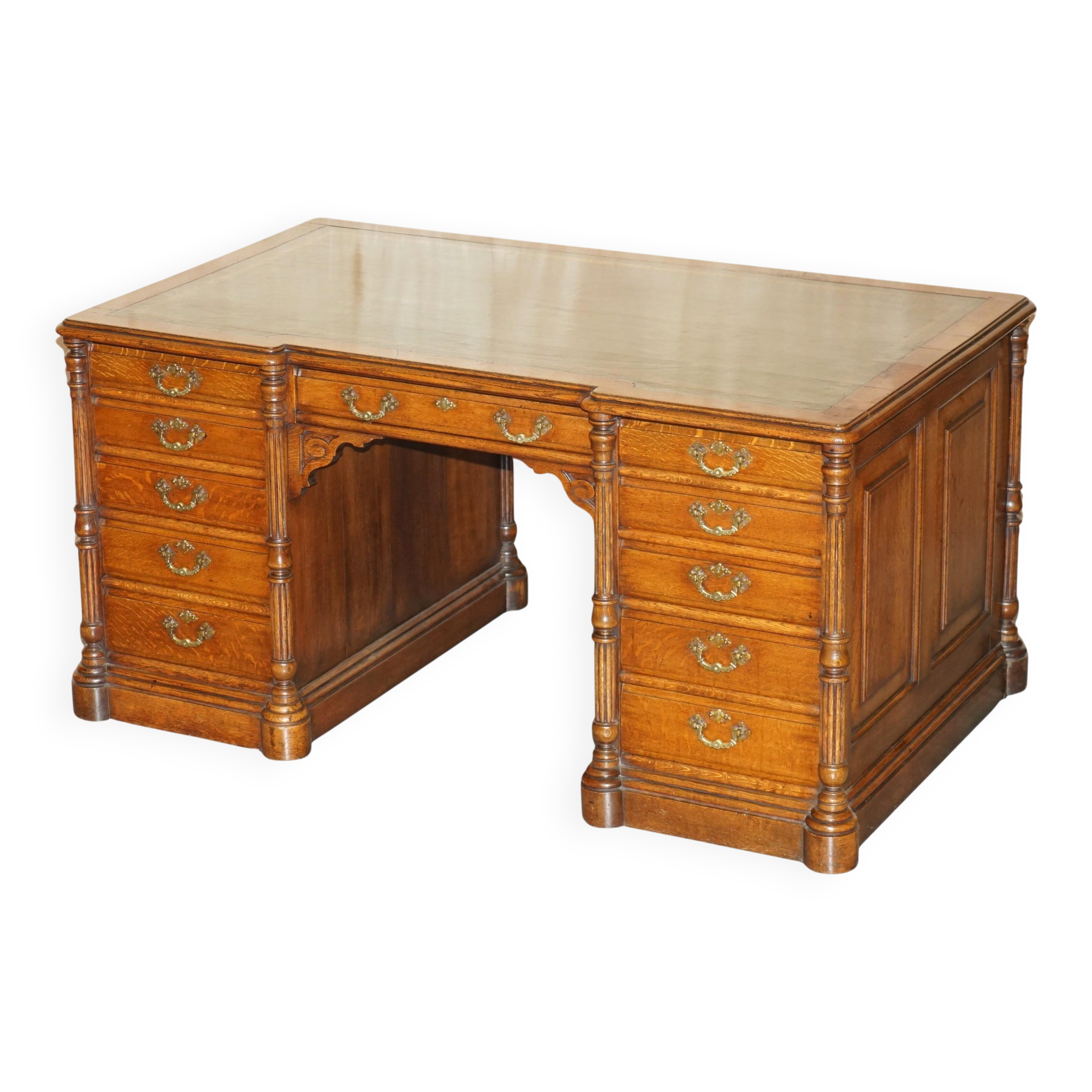 Antique double-sided desk C Hindley & Son in oak and leather