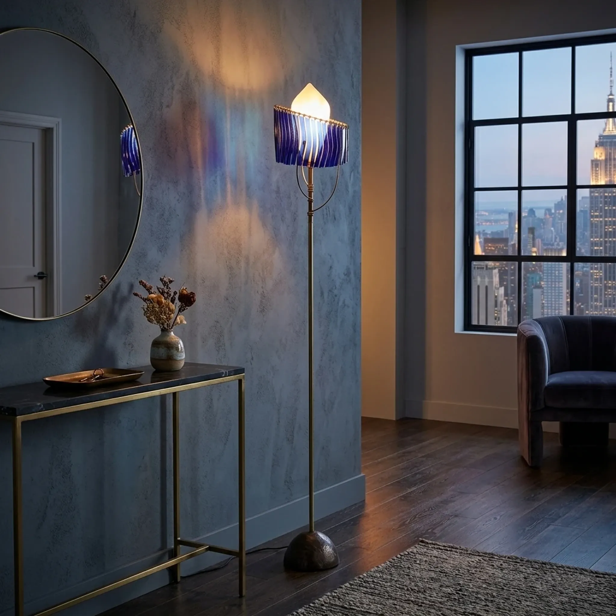 1980s Postmodern Blue Glass & Brass Floor Lamp by Toni Cordero for Artemide