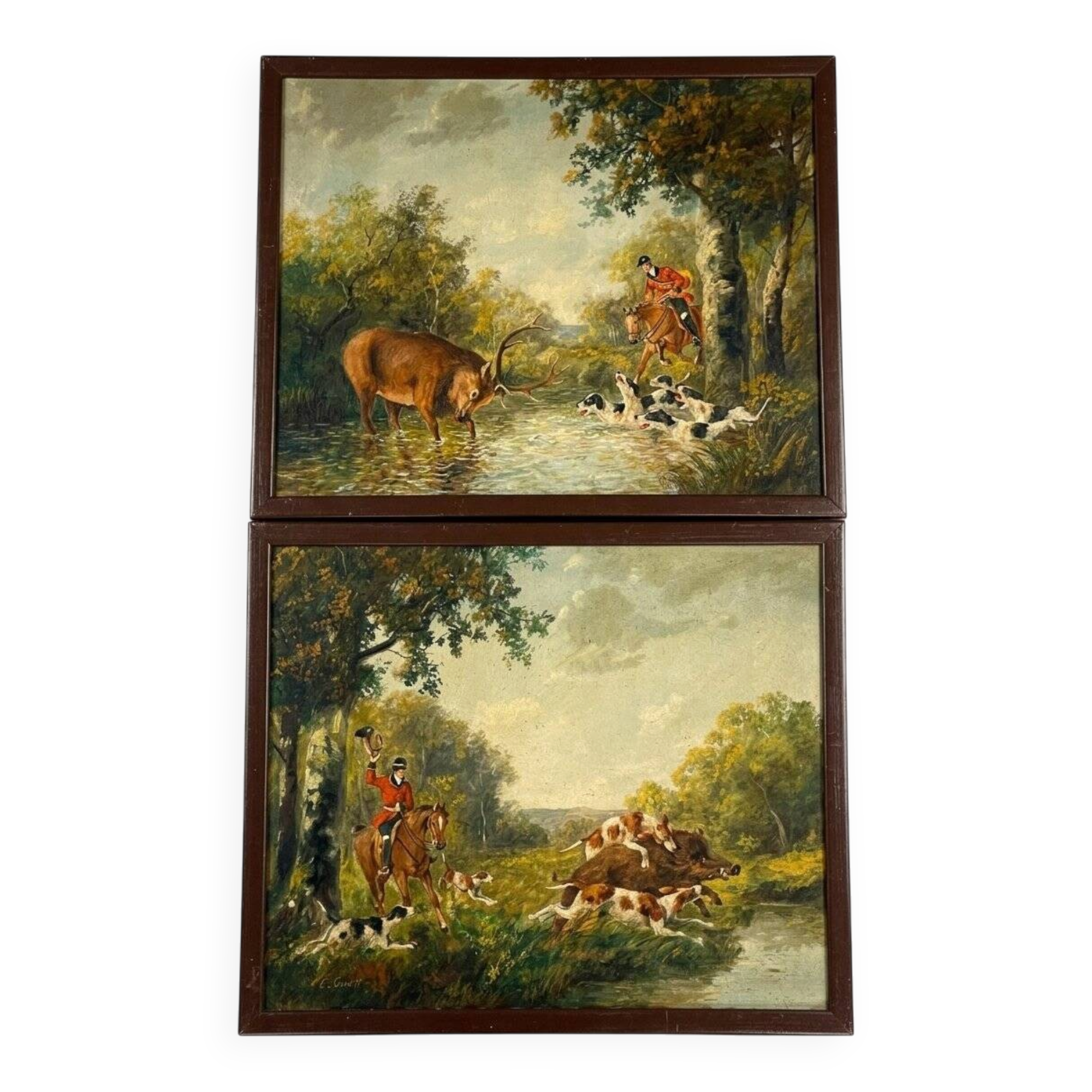 Pair of oil on canvas paintings depicting hunting scenes with deer and wild boar.