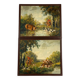 Pair of oil on canvas paintings depicting hunting scenes with deer and wild boar.