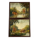 Paire de tableaux huile sur toile scenes de chasse a courre cerf et sanglie