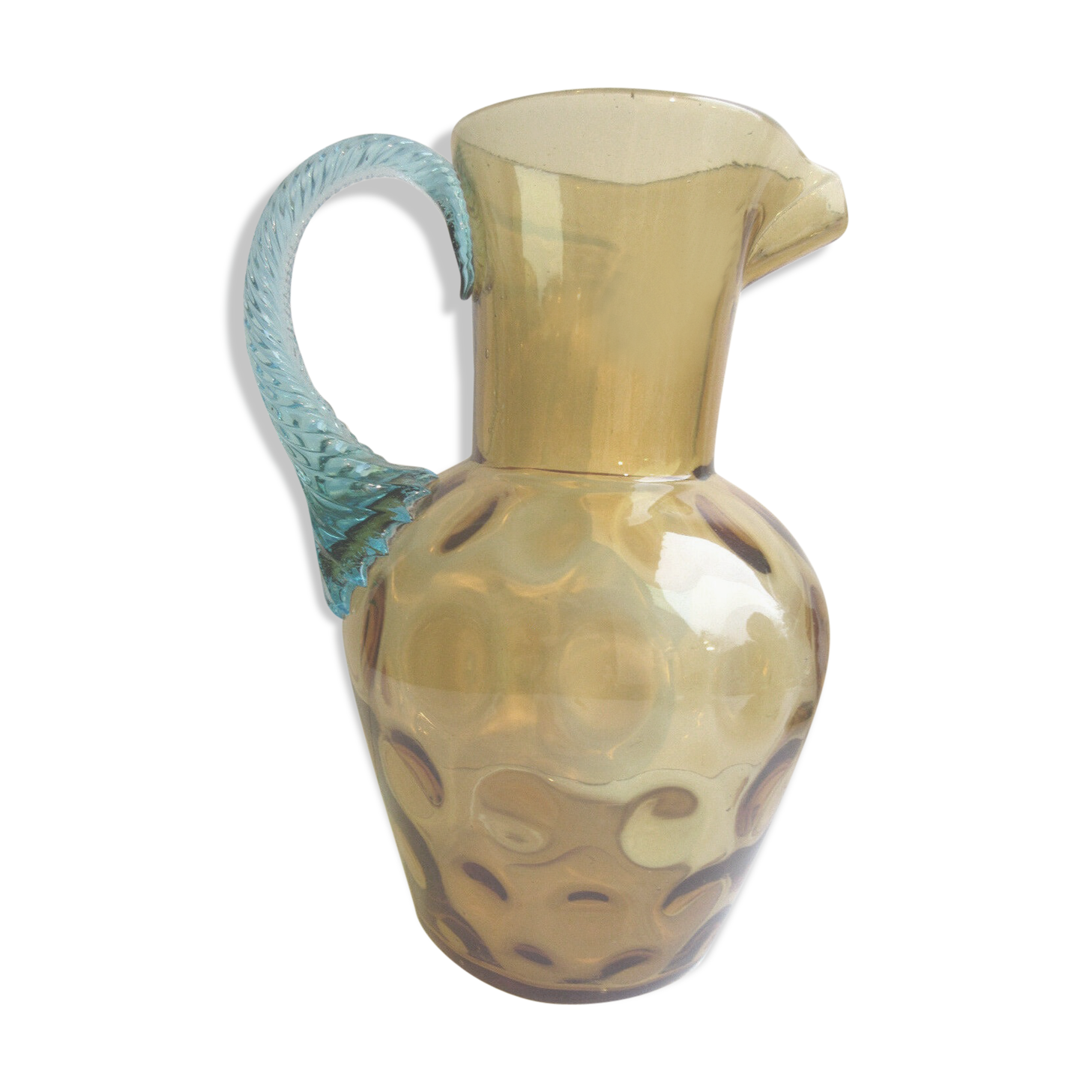 Pichet pot à eau George Sand art nouveau, verre ambre et anse bleue