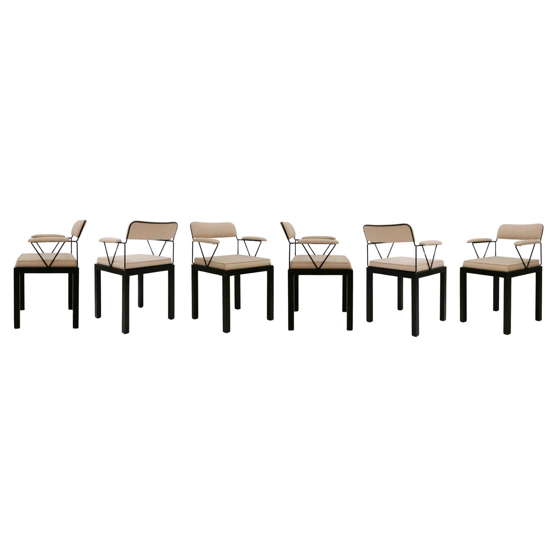 Mid Modern Ettore Sottsass Lodge Italian Black Metal and Wool Chairs, Set of Six