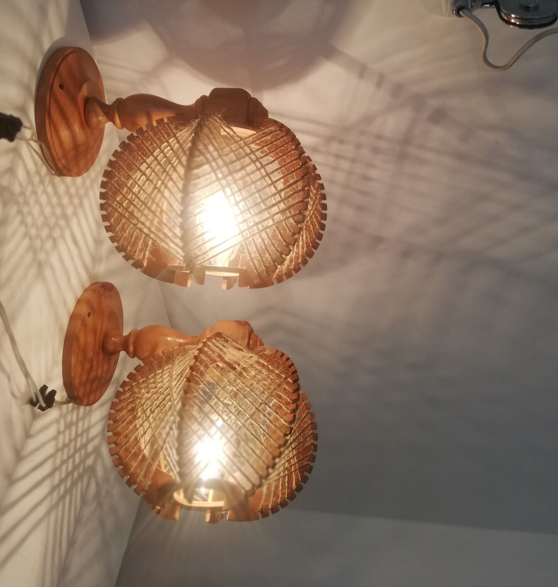 Pair of wooden wood straw wall sconce lamps rustic vintage France