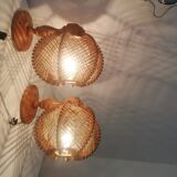 Pair of wooden wood straw wall sconce lamps rustic vintage France