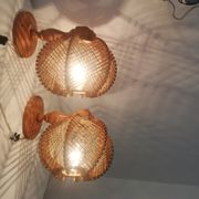 Pair of wooden wood straw wall sconce lamps rustic vintage France