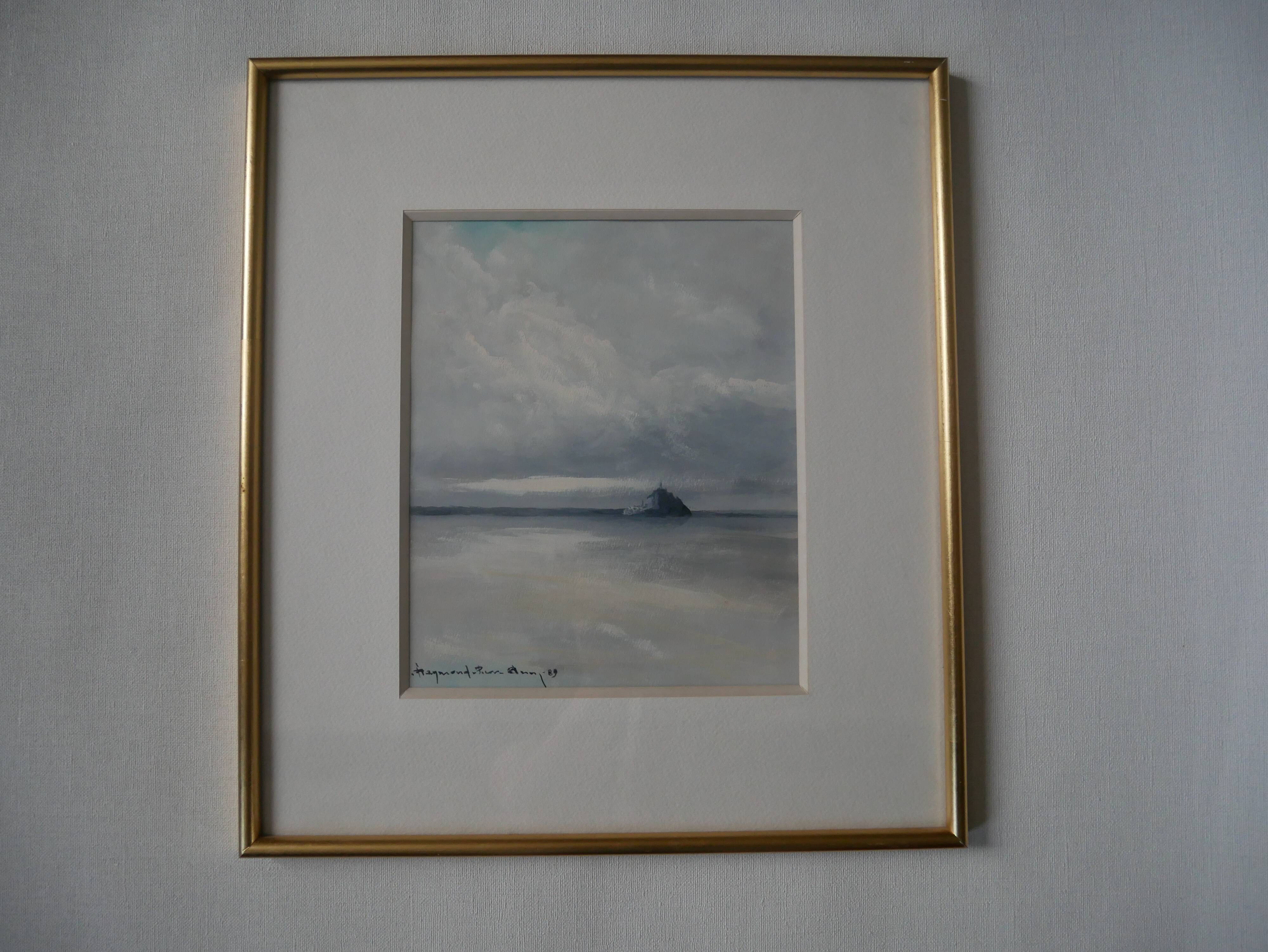 Painting by artist painter Le Mont Saint-Michel, golden frame, 90s, shade of gray