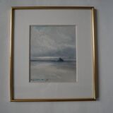 Painting by artist painter Le Mont Saint-Michel, golden frame, 90s, shade of gray